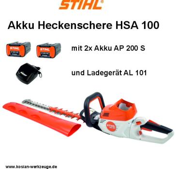 Stihl Akku Heckenschere HSA 100 mit 2x Akku AP 200 S und Ladegerät AL 101