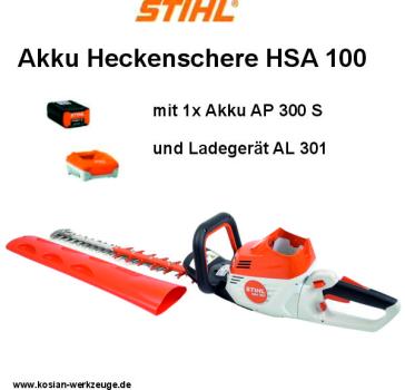 Stihl Akku Heckenschere HSA 100 mit Akku AP 300 S und Schnellladegerät AL 301