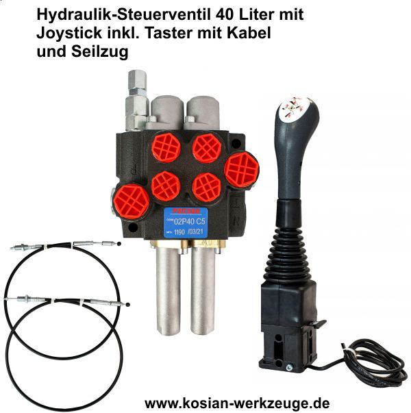 Hydraulik-Steuerventil 40 L mit Joystick und Seilzug,  Fronladersteuerventil, 4/2 Wegeventil